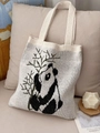 Chic beige knitted tote bag with cute cartoon panda and bamboo pattern embroidery - Off White