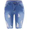 Gros plan détaillé de short en jean déchiré montrant les trous et la texture du coton - Bleu clair