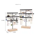 Black 3-tier metal earring holder with a wooden base showing product dimensions - 3-Tier Basic-Wood Base / Black