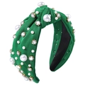 Elegant green fabric knotted headband with scattered white pearls and sparkling rhinestones - 1# Green (Pearl Rhinestone Decor)