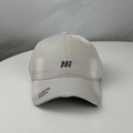 Close-up of distressed baseball cap with HI embroidery and Carpe Diem text on brim - One Size (54-60cm) / Light Gray
