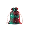 Red and green plaid Christmas cotton drawstring gift bag with white snowflake patterns - 10*14cm / Christmas Snowflake Green Stripe