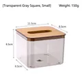 Small square grey transparent tissue box with wooden lid and size dimensions shown - Small / Transparent Gray