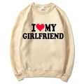Beige crewneck sweatshirt featuring I Love My Girlfriend heart print in size M - Khaki (Pattern 2)