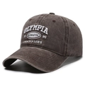 Vintage dark brown washed cotton baseball cap with retro Olympia athletic embroidery - Coffee