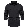 Men's black long-sleeve cotton casual shirt with double chest pockets in ghost mannequin view - Black