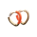 Golden heart hoop earrings featuring orange enamel and sparkling crystals on white background - Orange