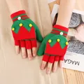 Winter knitted touchscreen gloves with Christmas red and green color block design - Flip Cover Half Finger Leaves Style / Red Green Patchwork / Adult
