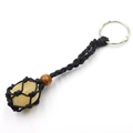 Handmade woven net keychain with a natural yellow crystal raw stone and black cord - Yellow Jade + Black Mesh Keychain
