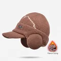 Men's dark brown winter knit earflap hat with fleece lining and peak mountain patch - 9624-Coffee / Coffee
