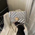 Silver PU leather crossbody bag with V-quilted stitching and gold chain strap - Silver