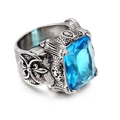 Vintage stainless steel ring with a large square sky blue gemstone and floral reliefs - Blue & Silver
