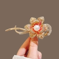 Elegant gold flower hair clip with red gradient enamel, pearls and white rhinestones - Red and White Gradient Flower Spring Clip
