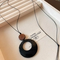 Minimalist geometric long pendant necklace featuring black resin ring and wood textured disc - 10# Black and Brown Wood and Resin Ring Necklace