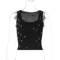 Close-up of black ribbed crop top featuring delicate rhinestone droplets on the fabric - Black