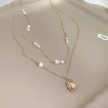 Detail of double-layer gold-plated necklace with elegant pearls and baroque pendant - Necklace #15 - Gold - Real Gold Plated (two-piece Set)