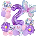 Purple number 2 balloon set with gradient butterflies and flowers for kids birthday - 2nd Birthday Butterfly Set