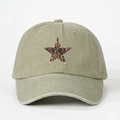 Vintage army green washed cotton baseball cap with leopard print star patch for outdoor wear - One Size / Light Khaki