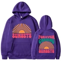 Sweat à capuche violet avec imprimé Sunsets et vues de face et de l'arrière - Violet