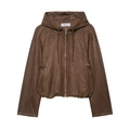 Veste courte à capuche marron foncé en faux daim pour femme avec ourlet élastique chic - XS / café