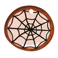 Round Halloween gift tag with cute spider web cartoon illustration and brown border - Spider Web Cookie Style