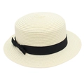 Detailed top view of a flat top straw boater hat with a black grosgrain ribbon bow - Cream