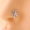 Detail of silver flower nose clip with clear crystals shown on a model without piercing - Flower (SE1579)