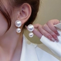 French style double pearl drop earrings featuring large and small white pearls on model - 10# Silver Needle-White