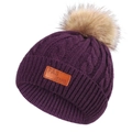 Bonnet en tricot torsadé violet pour enfant avec grand pompon en fourrure et étiquette cuir - 40-50CM / Violet