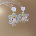 Macro shot of floral resin earrings with iridescent petals and purple gemstone center - Transparent Iridescent Flower Purple Gem (20# Silver Pin)