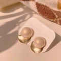 Minimalist large pearl earrings with gold curved metal plate on white display card - Irregular Champagne Pearl (A80)