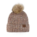 Bonnet en laine tricotée gris chiné avec grand pompon kaki et écusson flocon de neige - Taille unique / Rose Chiné