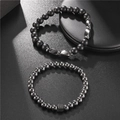 Men's double layered bracelet set with black matte beads and zircon dice charm - 2 Pcs Set Matte Black Faceted Metal Beads