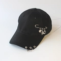 Black punk baseball cap with silver metal rings, safety pin, and star heart pendants - S Kids (48CM-52CM) / Safety Pin / Black
