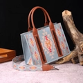 Vintage bohemian linen tote bag with blue and orange geometric patterns and leather straps - Small Sky Blue (Ethnic Style)