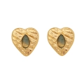 Vintage heart-shaped gold earrings with central turquoise gemstone and wavy metal texture - Blue