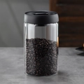Borosilicate glass vacuum coffee bean canister with a black airtight lid and seal - 40oz / Transparent Bottle / Black