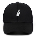 Black cotton baseball cap with white halo ghost embroidery and classic curved brim - Adjustable / Black