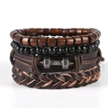 Detail of layered leather bracelet set with wooden beads and dumbbell metal charm - Dumbbell Metal Charm Style (TZ4 D03)