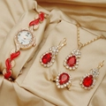 Women's gold quartz watch and leaf jewelry set with red gems on luxury silk - Red Zirconia Set