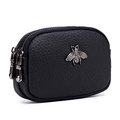 Black pebble leather coin purse with triple zippers and silver bee ornament - Black
