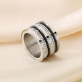 Silver stainless steel wide band ring with black and clear zircon stones on beige silk - Silver Black and White Row Rhinestone Style (KR53001-K)