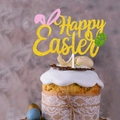 Topper per torta Happy Easter glitterato con orecchie di coniglio rosa e uovo - Topper Grande Happy Easter (J-0052-1)