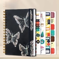 A5 spiral notebook with 3D texture butterfly cover, elastic band and planner stickers - Mysterious Butterfly (Black) + Gilded Stickers