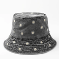 Cappello a secchiello in denim grigio lavato con ricami di margherite e tesa larga - M(56-58cm) / Nero