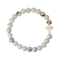 Bracciale con perline a croce con perline blu cielo effetto marmo e ciondolo a croce bianco - Blu Turchese Imperiale Misto
