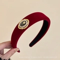 Vintage wine red velvet headband with rose metal ornament and white pearls detail - Pearl Rose Metal Style / Red