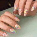 Unghie finte a mandorla con disegni di arcobaleno nuvole stelle e fiori dipinti a mano - Tipo di Colla / Stile Nuvola Arcobaleno Macaron (Y-231)