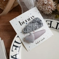 Pink and grey fabric hair clips set with heart and bow detail on a display card - Heart Button