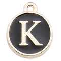 Golden round pendant with black enamel finish featuring letter K for DIY jewelry - Letter K / 1 Piece (12x14mm) / Black